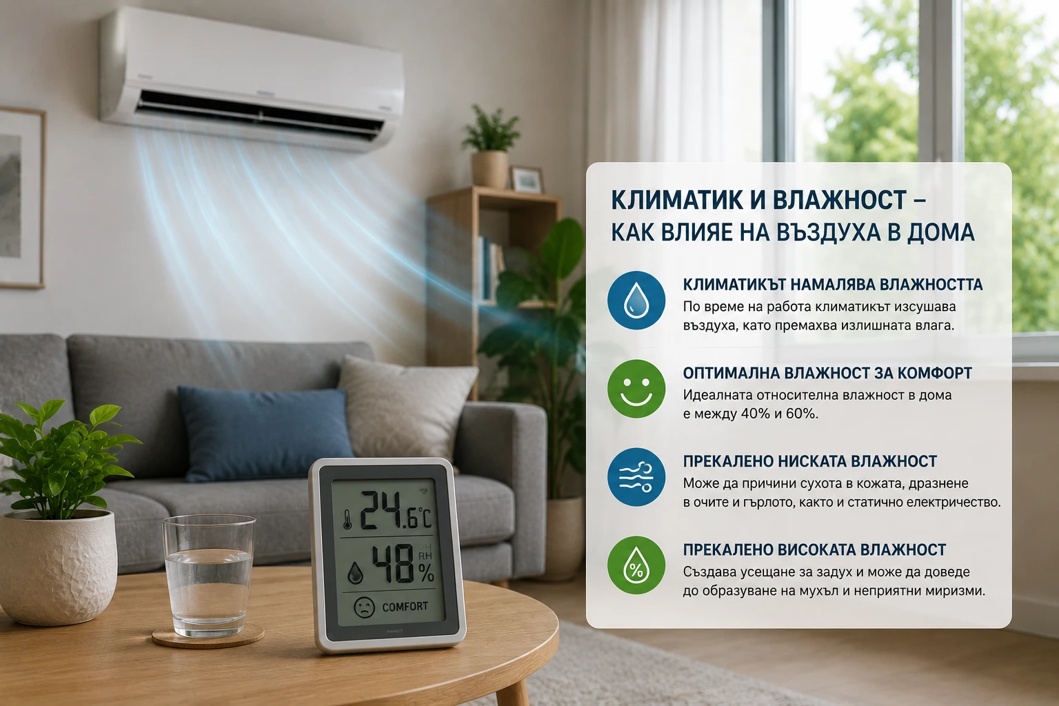 Климатик и влажност: Как влияе на въздуха в дома